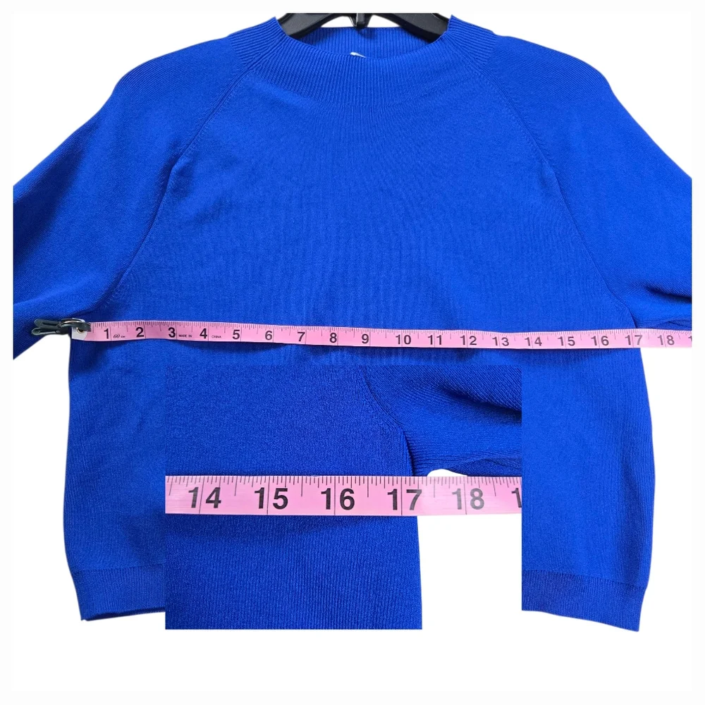 COS Large Cropped Knitted Mock-Neck Top Bright Blue Long-Sleeve Stretch - Picture 10 of 11